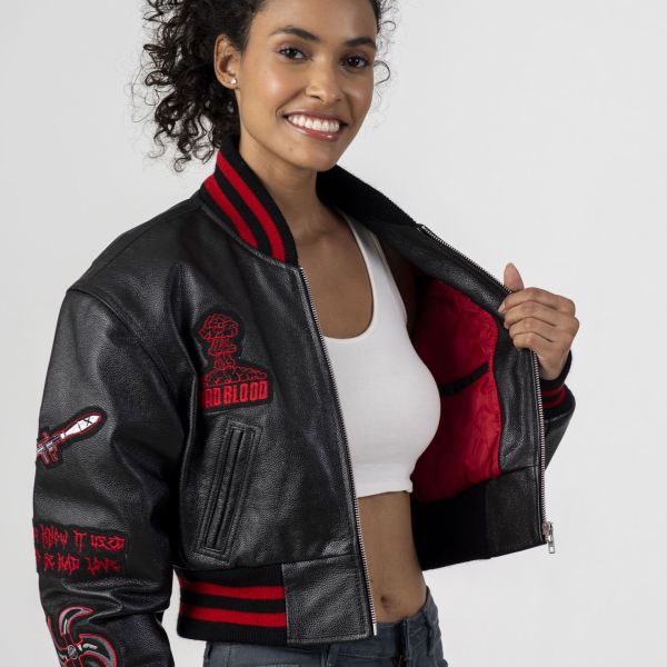 【BADBLOOD】Squad Crop Racer Jacket - Coated Black Varsity Base Women Jacket Bad Blood Online Exclusive Croptop