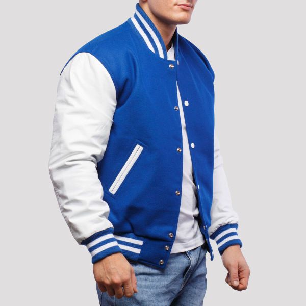 Genuine White Leather Sleeve Letterman Varsity Jacket - Men's Wool & Leather College Style Retro Snap Button Jacket - View #2