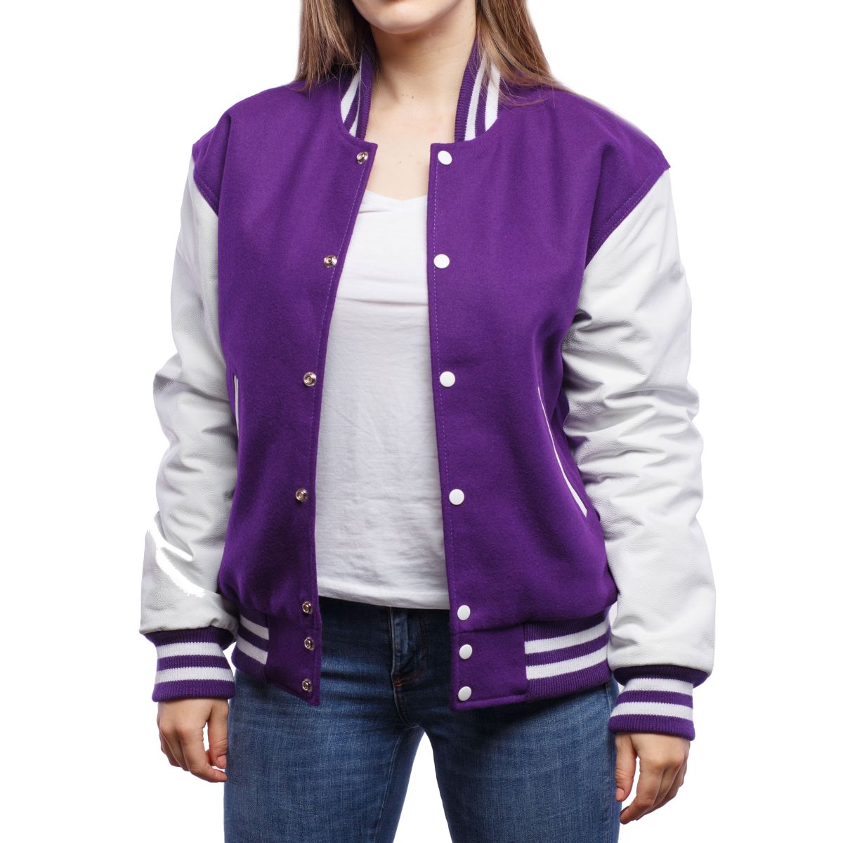 Men Letterman Purple Wool & White Leather Sleeves Varsity Jacket with W  Patch