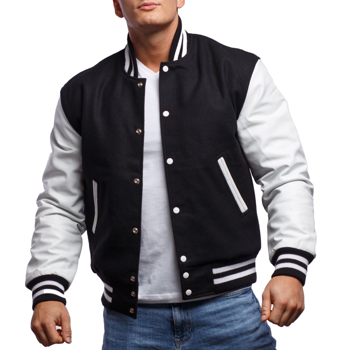 Black Letterman Jacket With White Leather Sleeves | lacienciadelcafe.com.ar