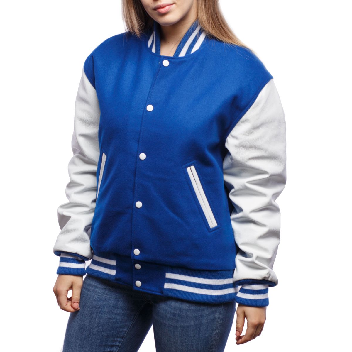 Cotton Navy Blue & White Varsity Jacket Women, Medium