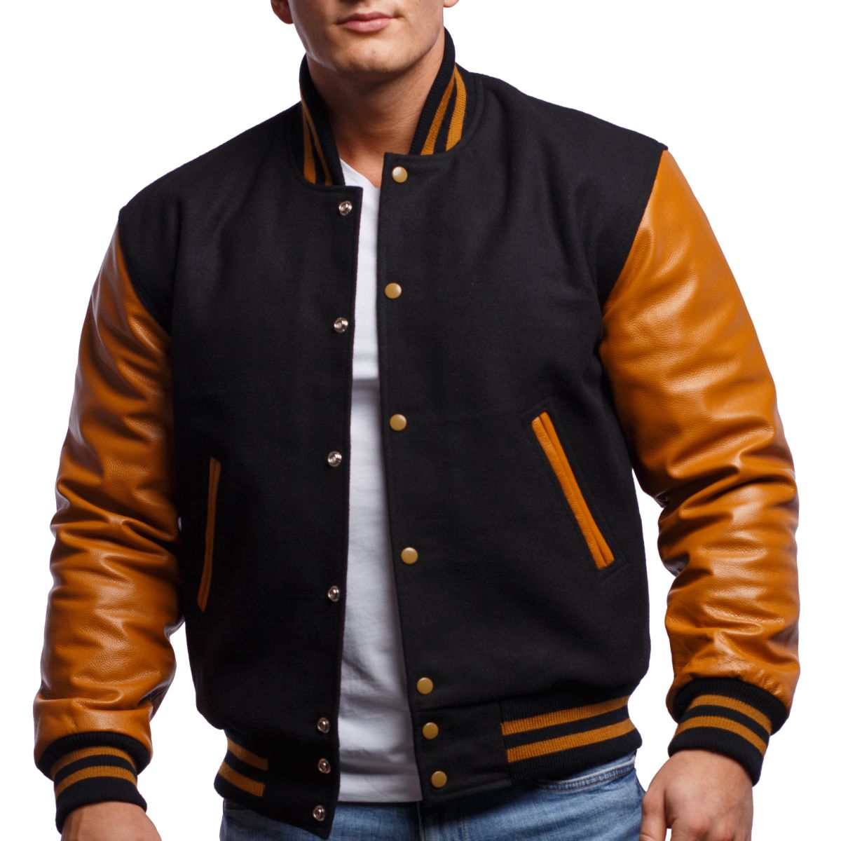 Leather Varsity Jacket with Black Body and Yellow Sleeves
