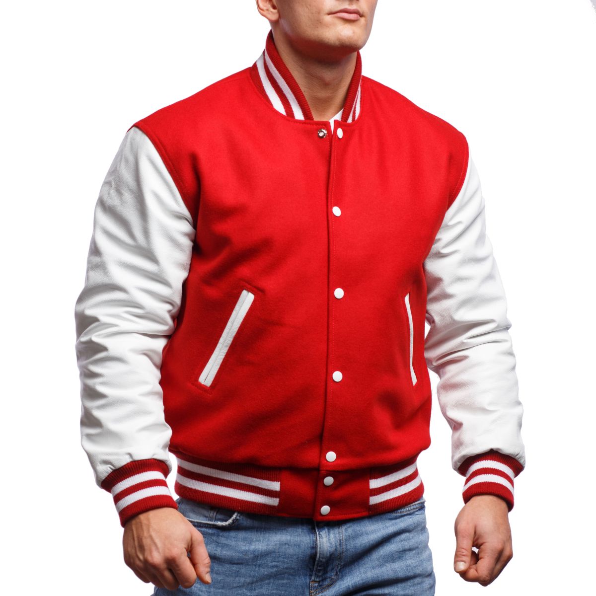 Men's Varsity Jackets Genuine Leather Sleeve And Wool Body Red