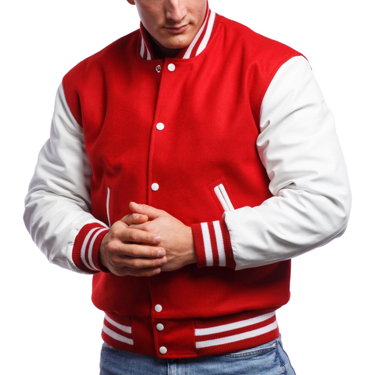 WHITE LEATHER SLEEVES & SCARLET RED WOOL BODY VARSITY JACKET-WOMEN