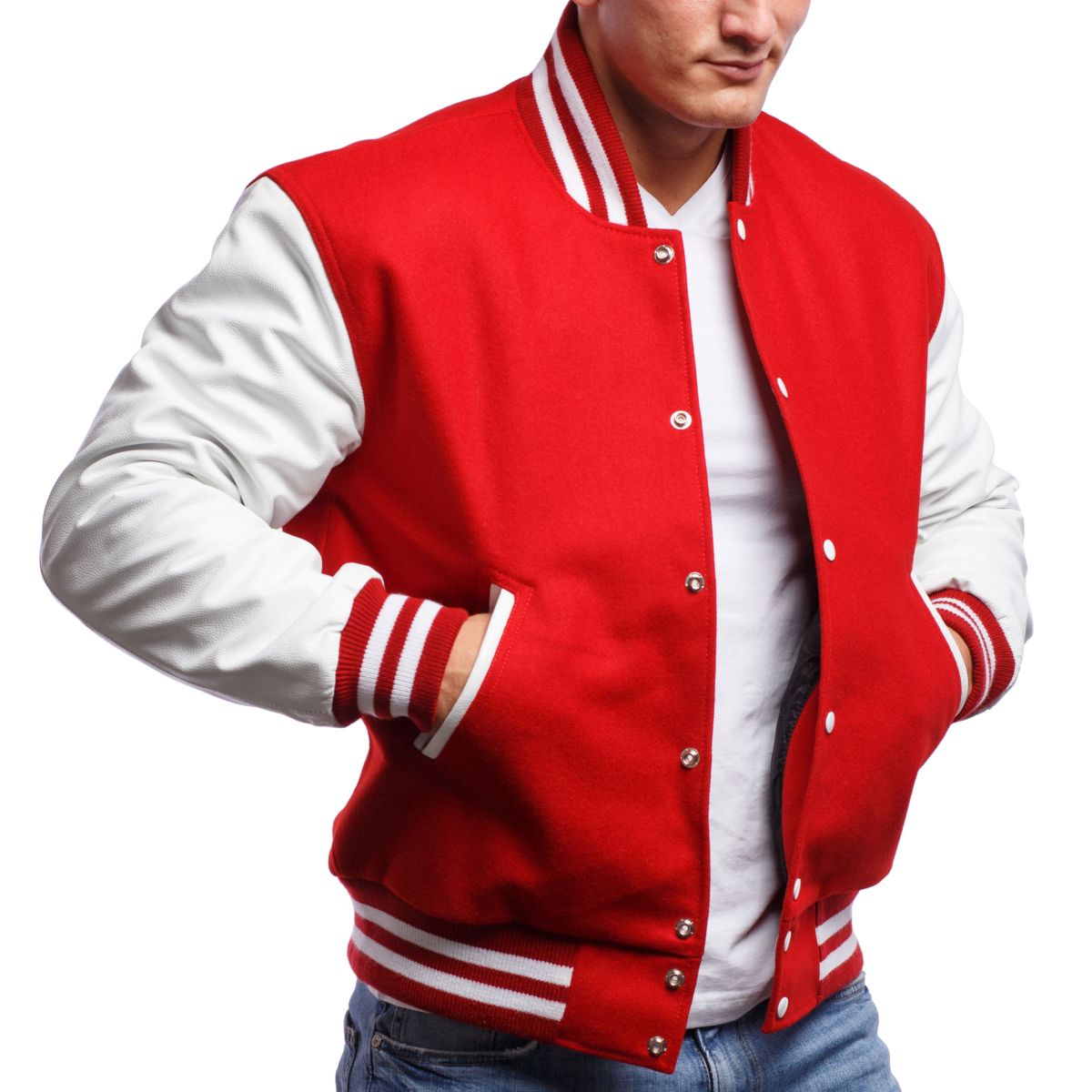 Red Letterman Jacket with White Leather Sleeves