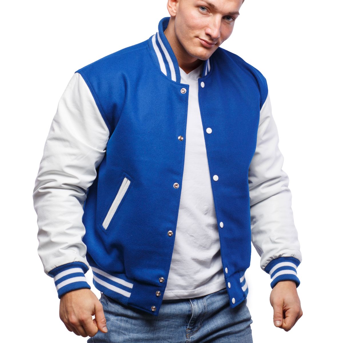 Royal Blue and Red Striped Letterman Jacket with White Leather Sleeves
