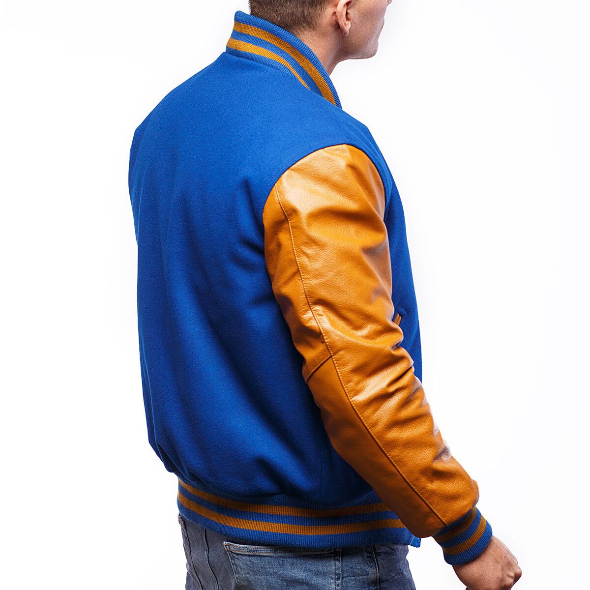 Royal Blue Letterman Jacket with Gold Leather Sleeves - Graduation