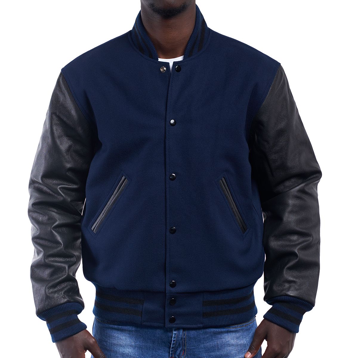 Royal Blue Wool body with Black Leather Sleeves Varsity Jacket