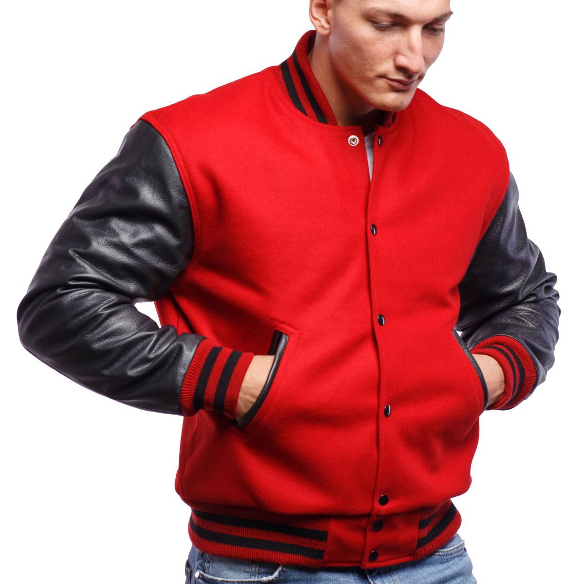 Varsity Base Men Jacket Scarlet Red Wool Body Black Leather Sleeves ...