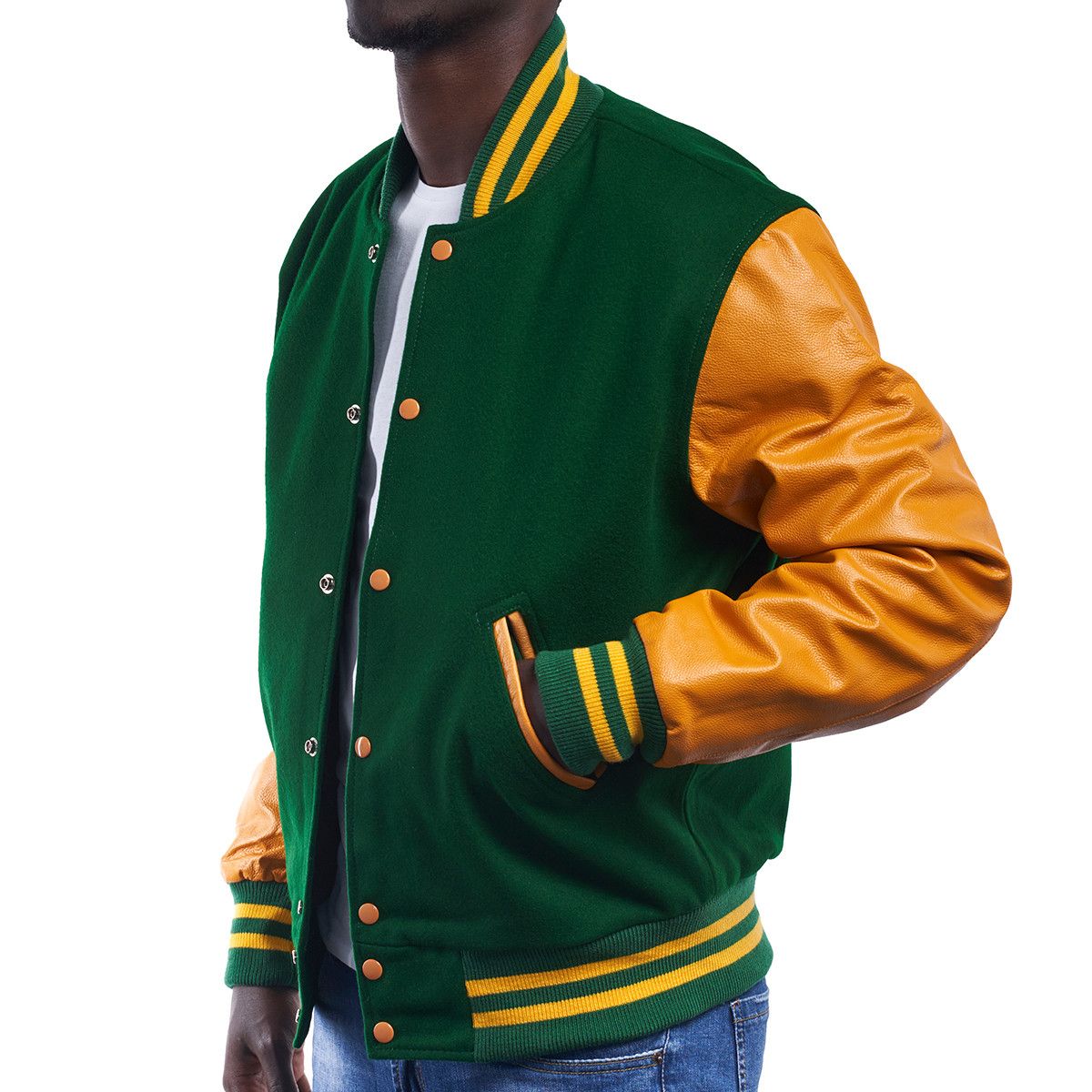 Hunter Green Letterman Jacket with Tan Leather Sleeves