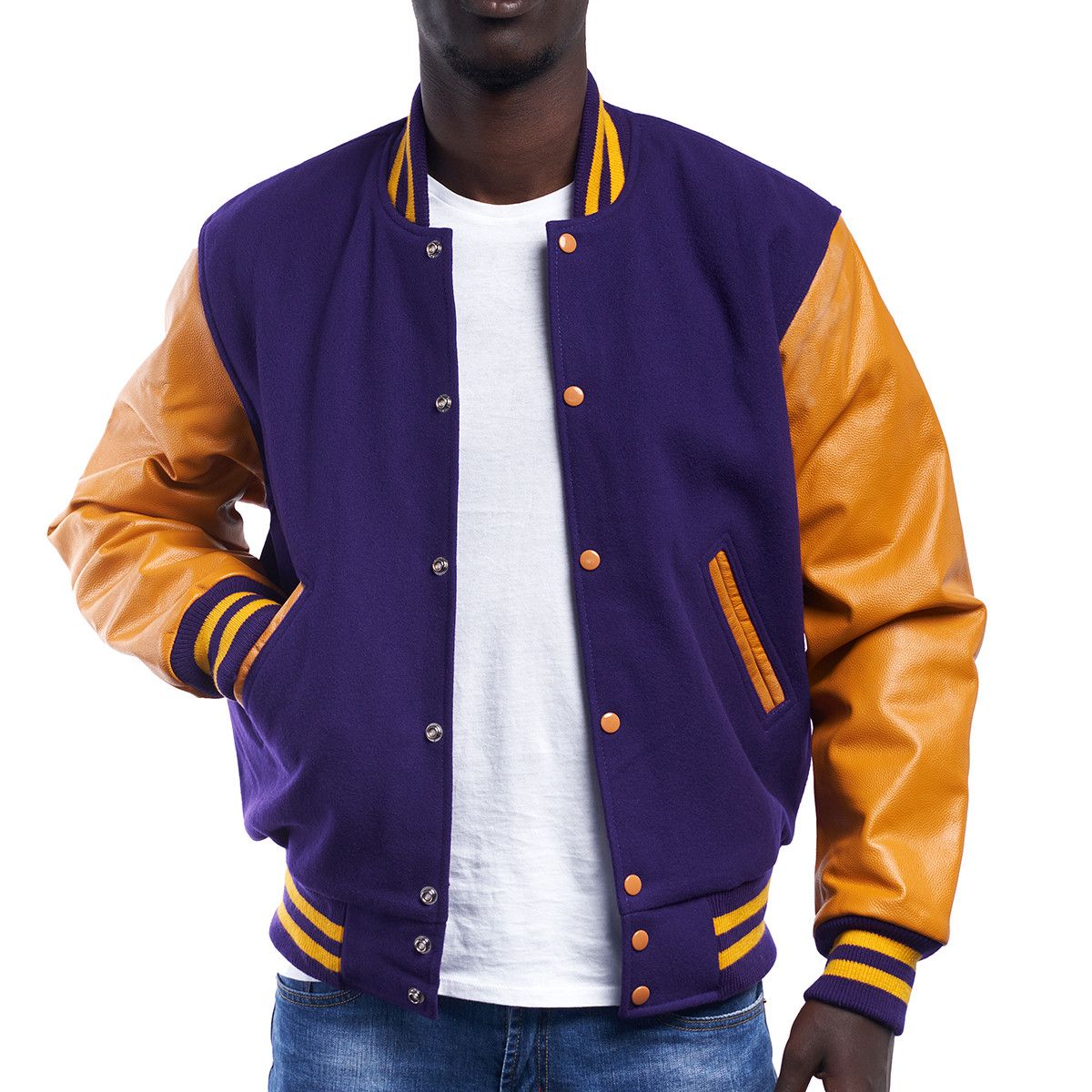 Varsity Base Men Jacket Purple Wool Body Bright Gold Leather Sleeves  Letterman Jacket