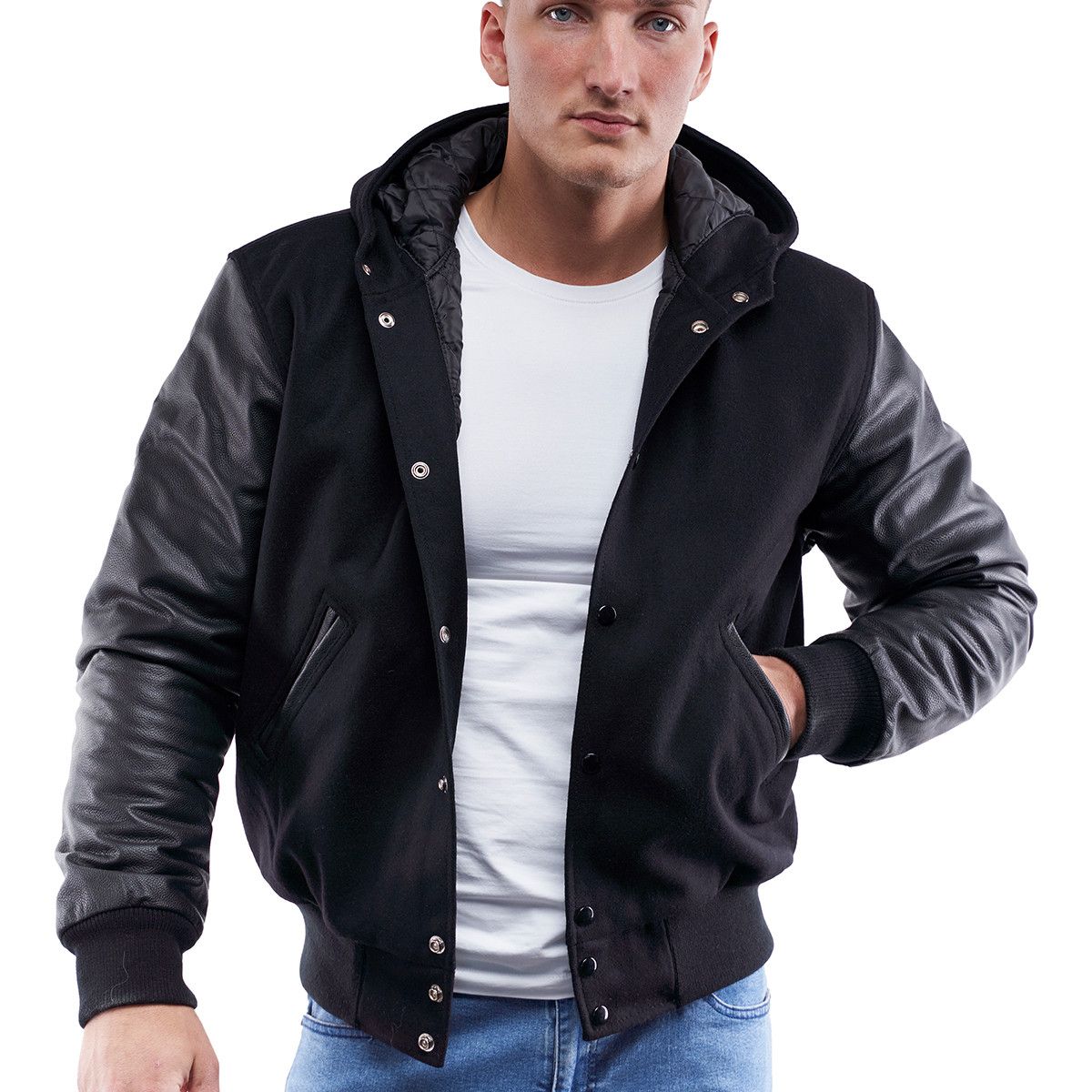 manager Plakken Bad Varsity Base Men Jacket Black Wool Body Black Leather Sleeves Hoodie Letterman  Jacket