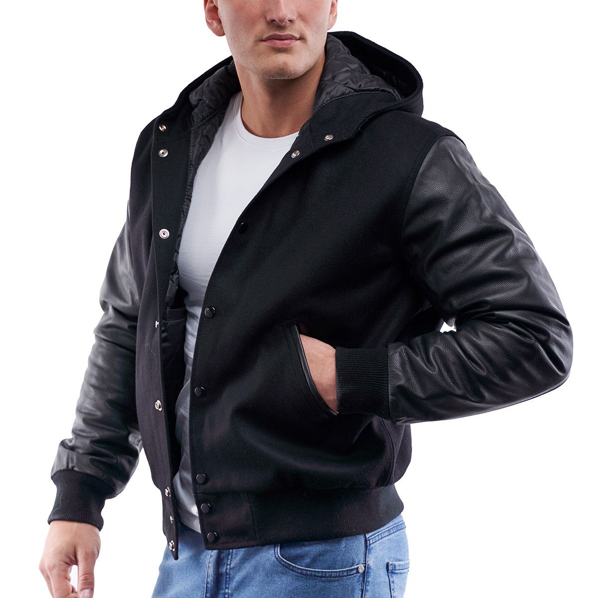 Black Wool Body & Black Leather Sleeves Hoodie Letterman Jacket