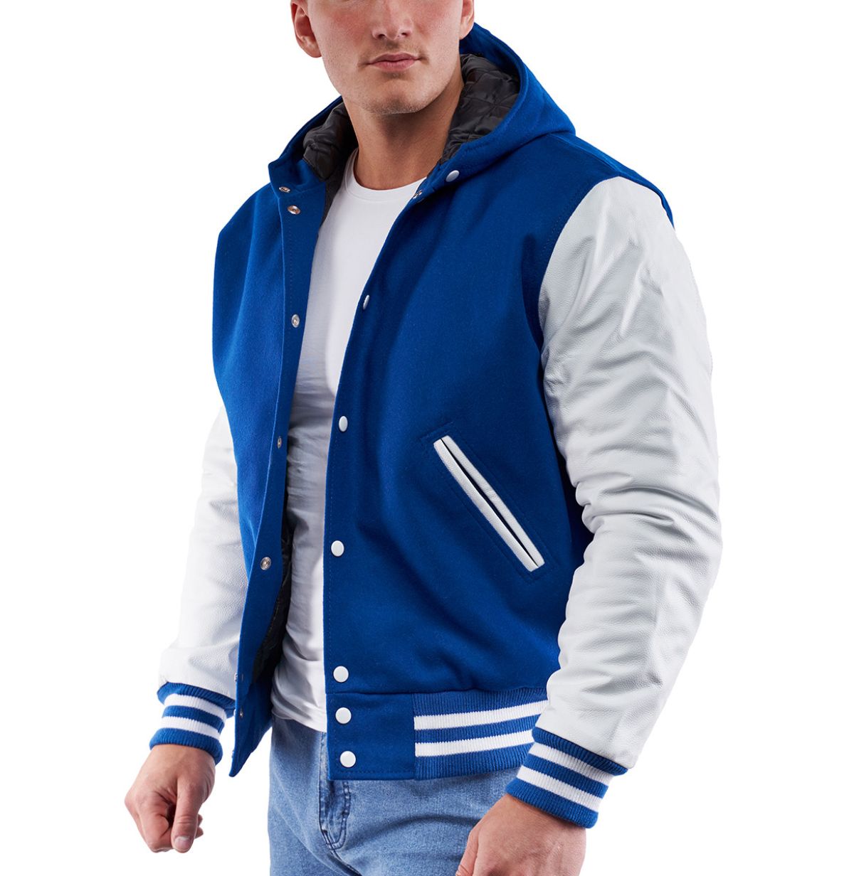 Lishow Fashion Varsity Hoodie Jacket For Baseball Letterman Bomber School  Of Royal Blue Wool and Genuine Grey Leather Sleeves at  Men’s  Clothing