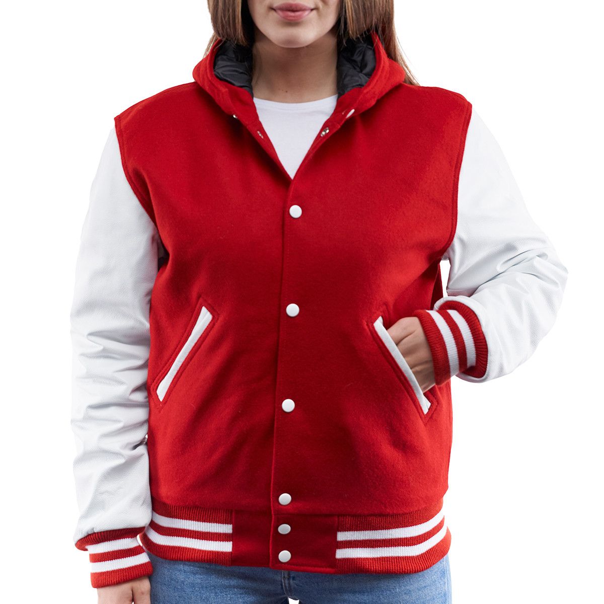 Varsity Base Scarlet Red Wool Body & Black Leather Sleeves Letterman Jacket , 4XL