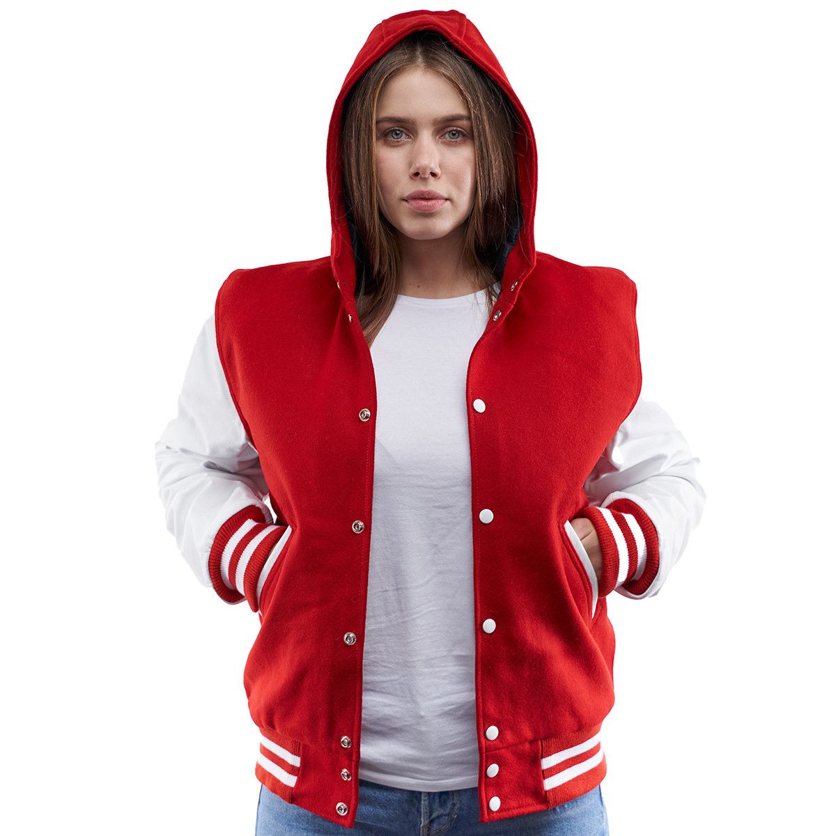 WHITE LEATHER SLEEVES & SCARLET RED WOOL BODY VARSITY JACKET-WOMEN