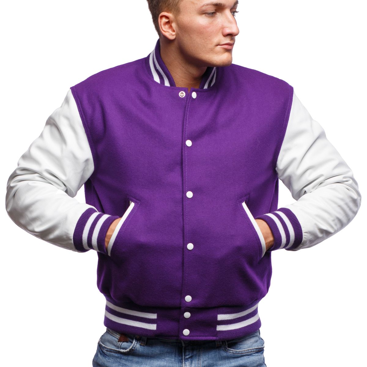 Varsity Base Purple Wool Body & Bright White Leather Sleeves Letterman Jacket , S