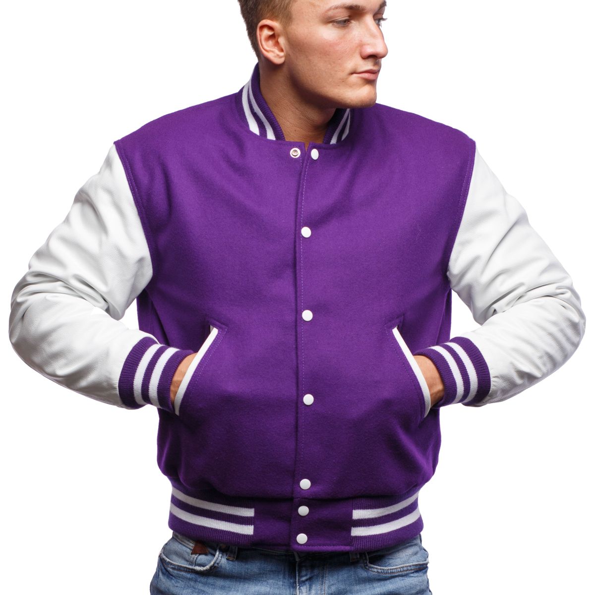 PARCHMENT LEATHER SLEEVES & PURPLE WOOL BODY VARSITY JACKET - MEN