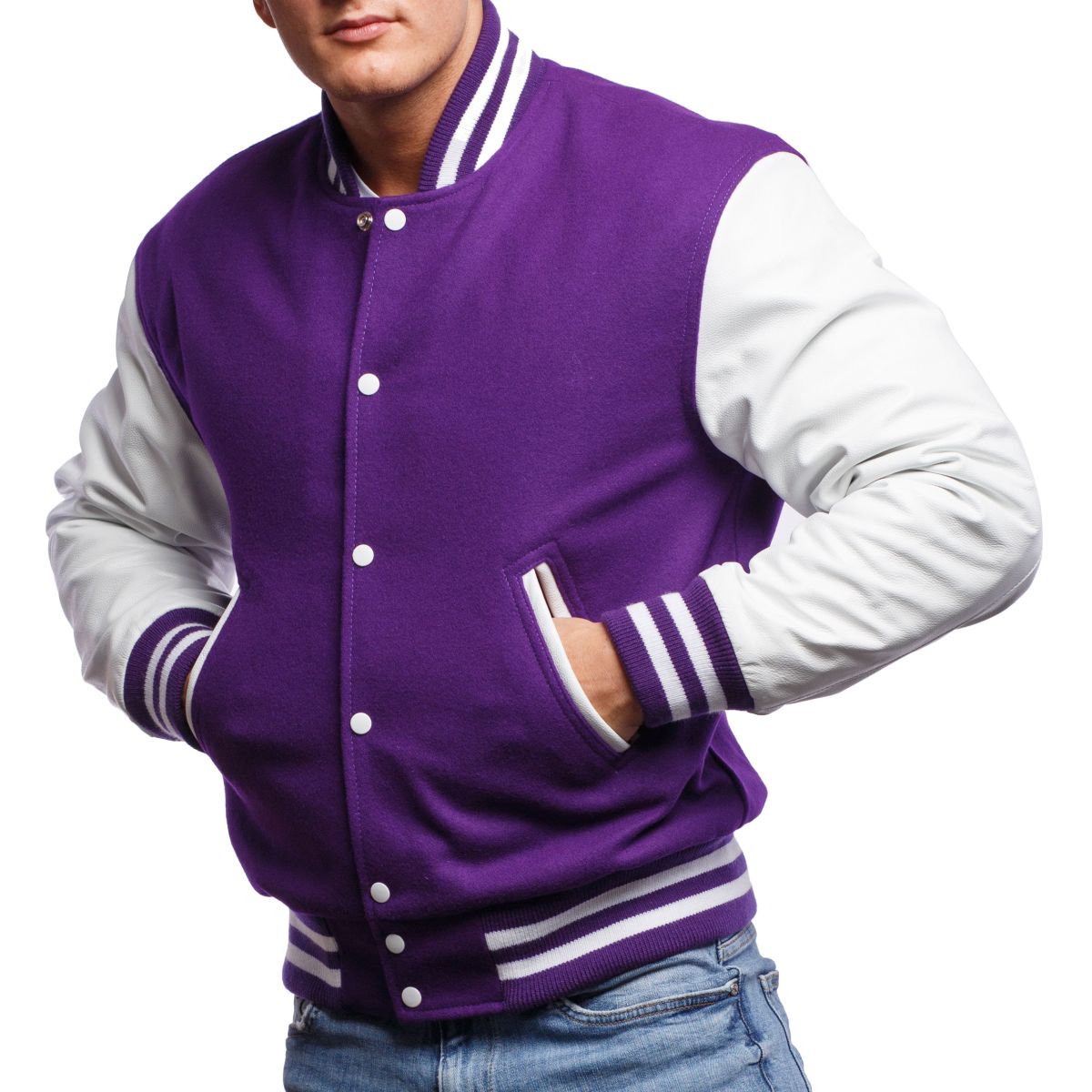 Men Letterman Purple Wool & White Leather Sleeves Varsity Jacket with W  Patch