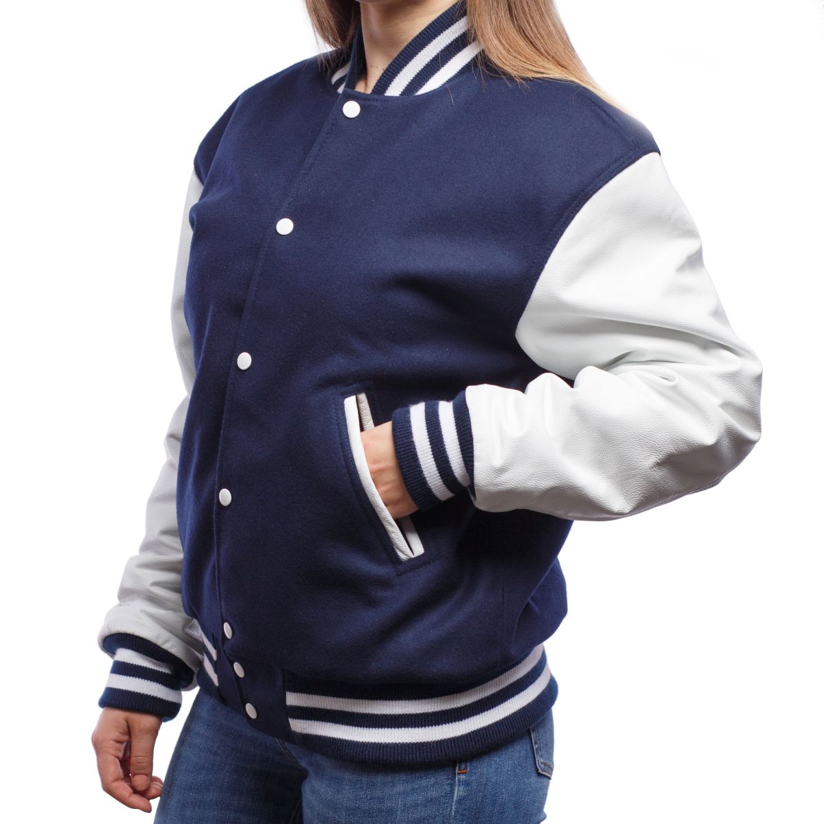 Womens' White and Blue Letterman Jacket