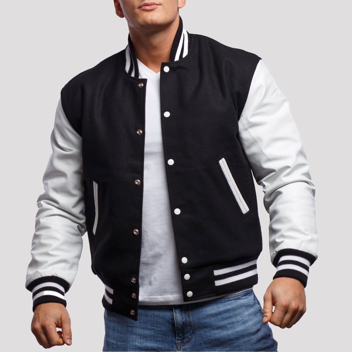 GENZ Men's Varsity Jacket - Faux Leather Sleeves With Wool Blend Body, Multiple Colors & Sizes