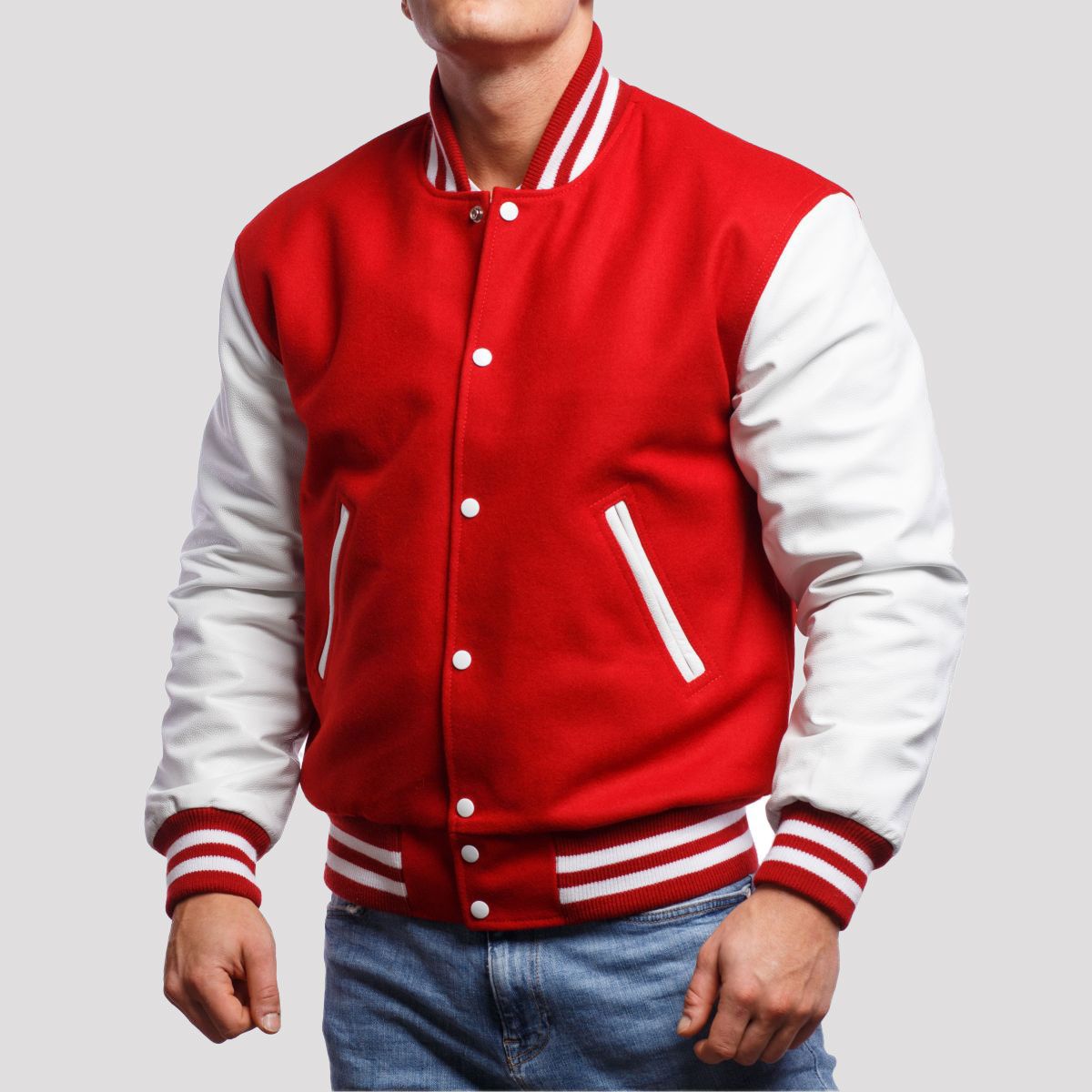 Varsity Base Men Jacket Scarlet Wool Body White Leather Sleeves ...