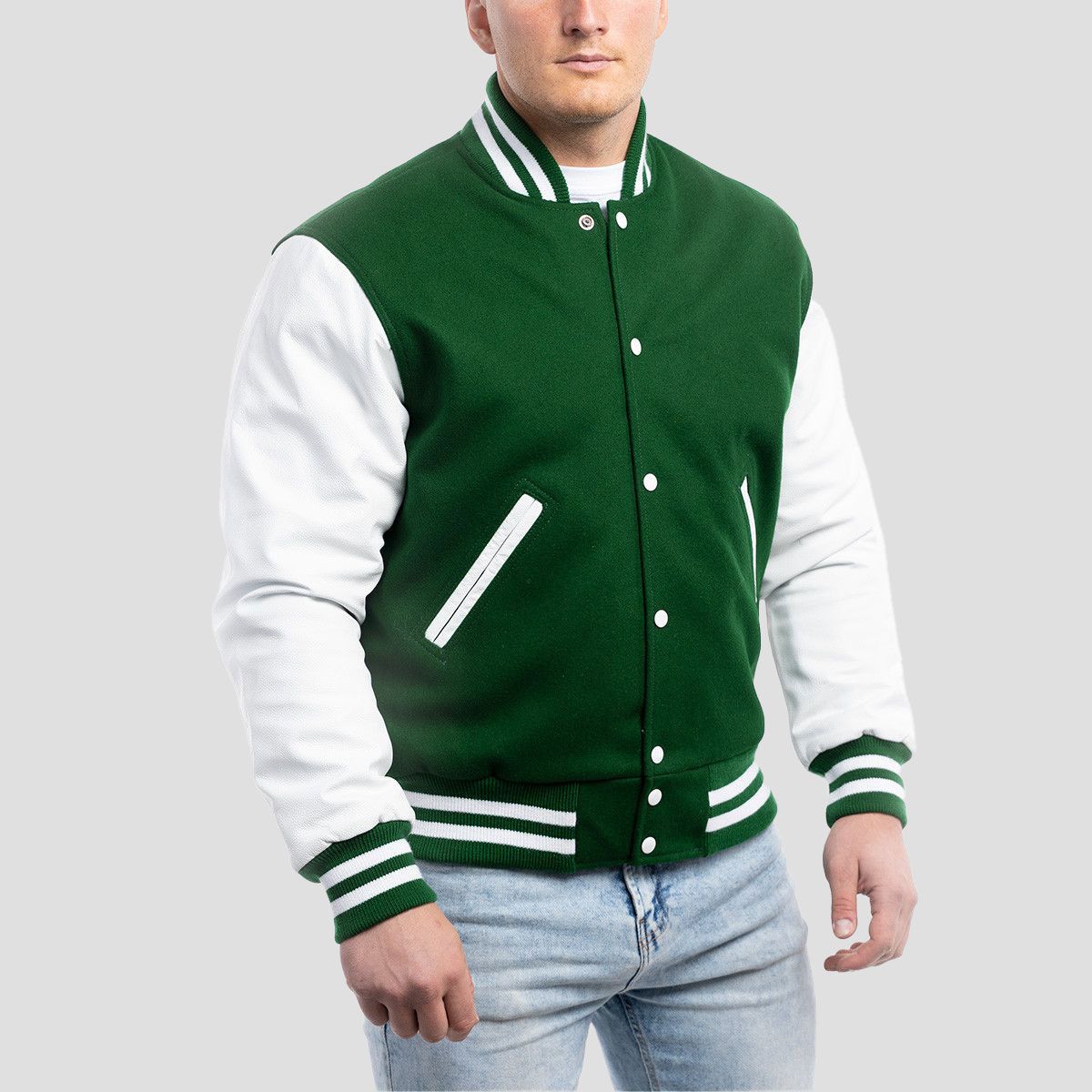 Varsity Base Men Jacket Kelly Green Wool Body White Leather Sleeves ...