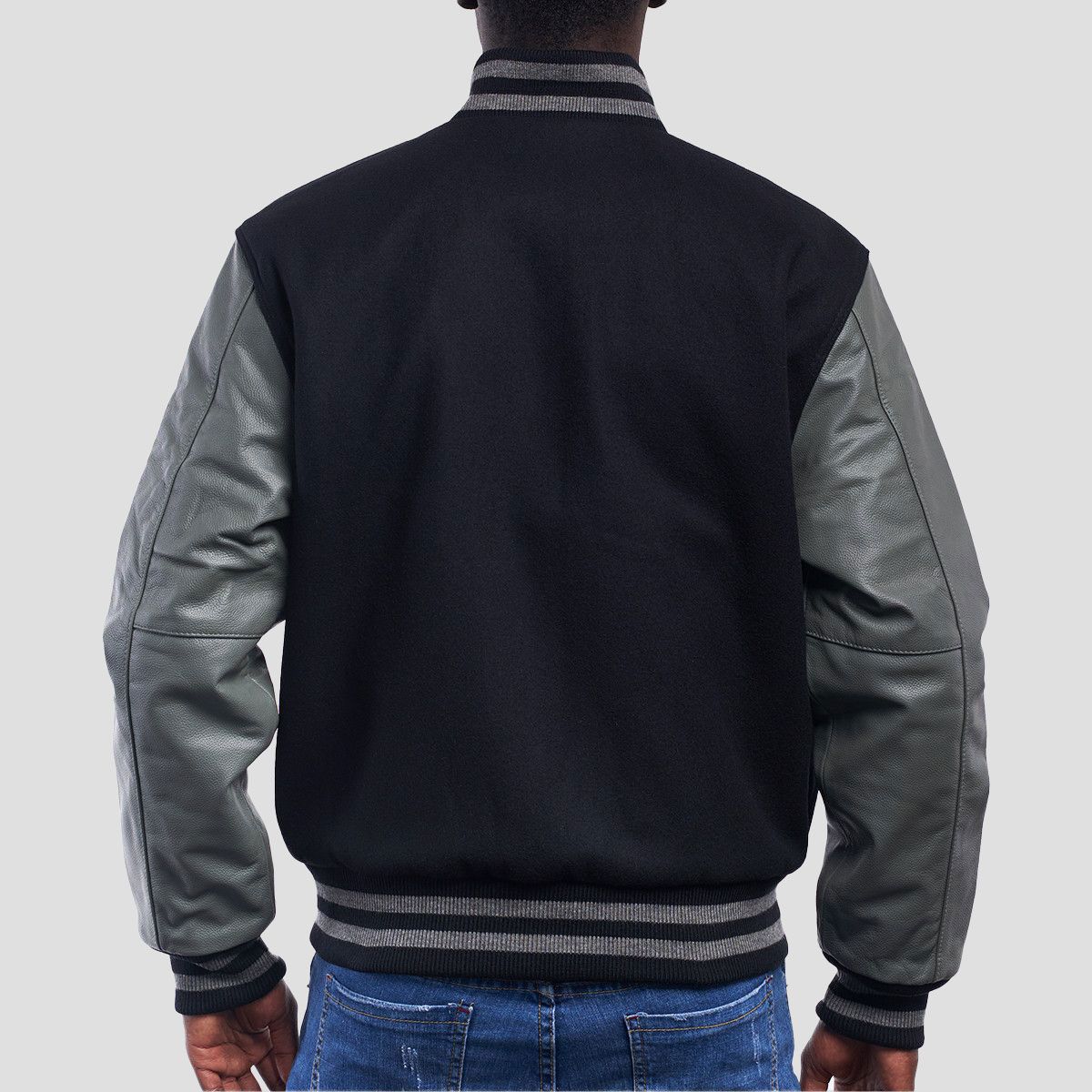 Varsity Base Men Jacket Black Wool Body Grey Leather Sleeves Letterman ...