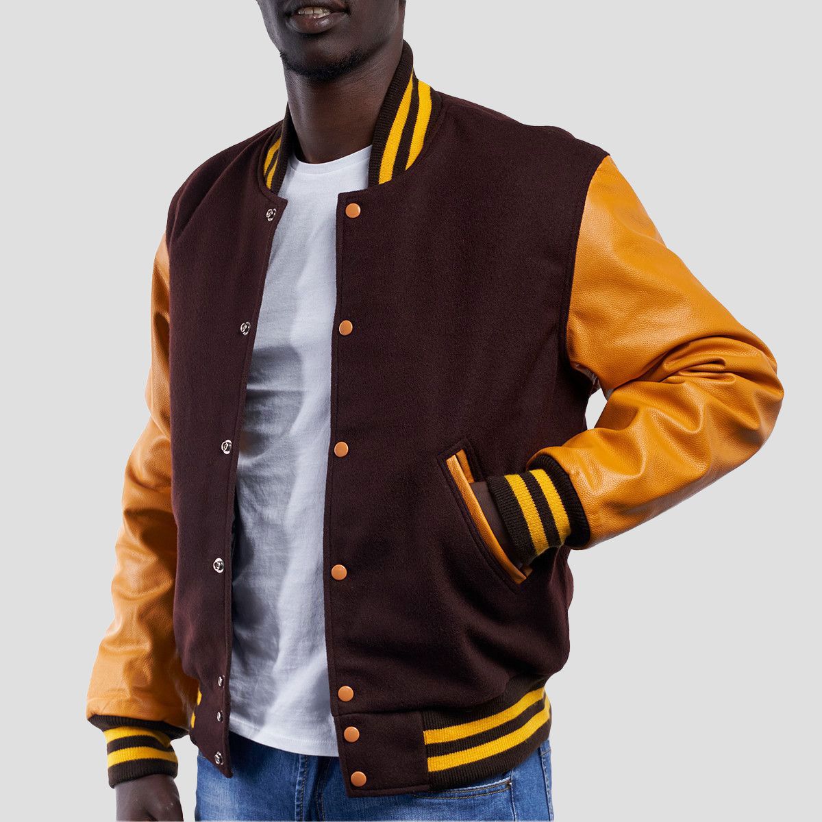 Varsity Base Men Jacket Brown Wool Body Bright Gold Leather Sleeves ...