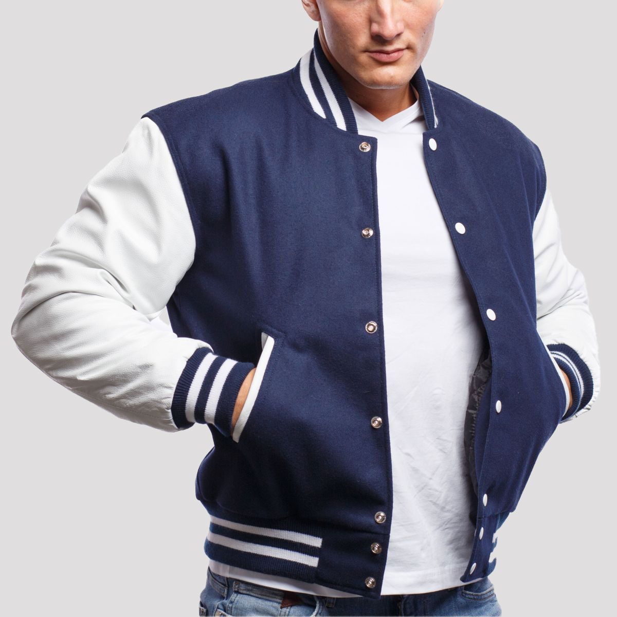 Varsity Base Men Jacket Royal Blue Wool Body White Leather Sleeves ...