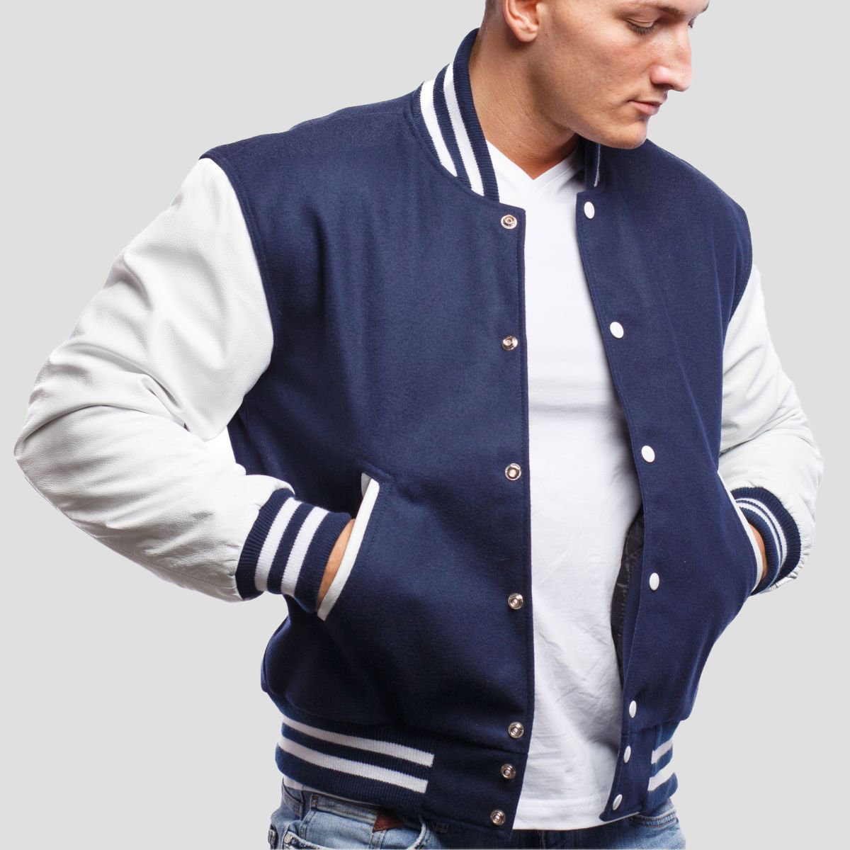 Varsity Base Men Jacket Royal Blue Wool Body White Leather Sleeves ...