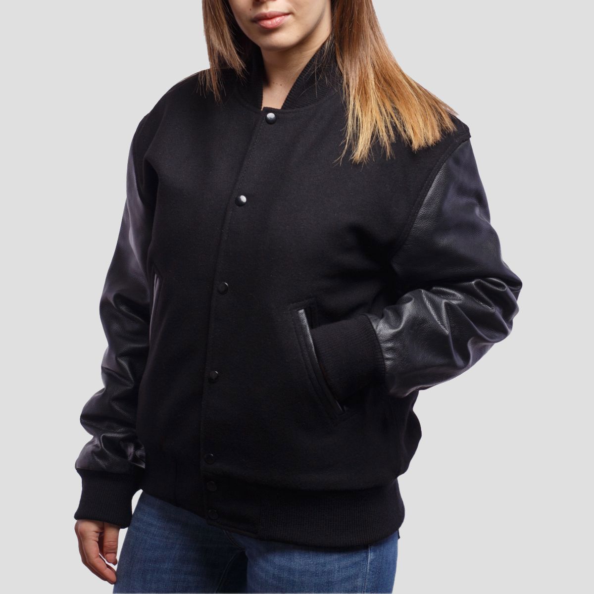 Varsity Base Women Jacket Black Wool Body And Black Leather Sleeves
