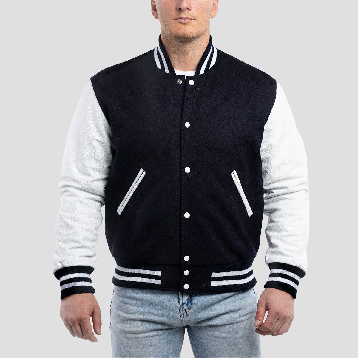 Varsity Base Men Jacket Navy Blue Wool Bright White Leather Sleeves ...