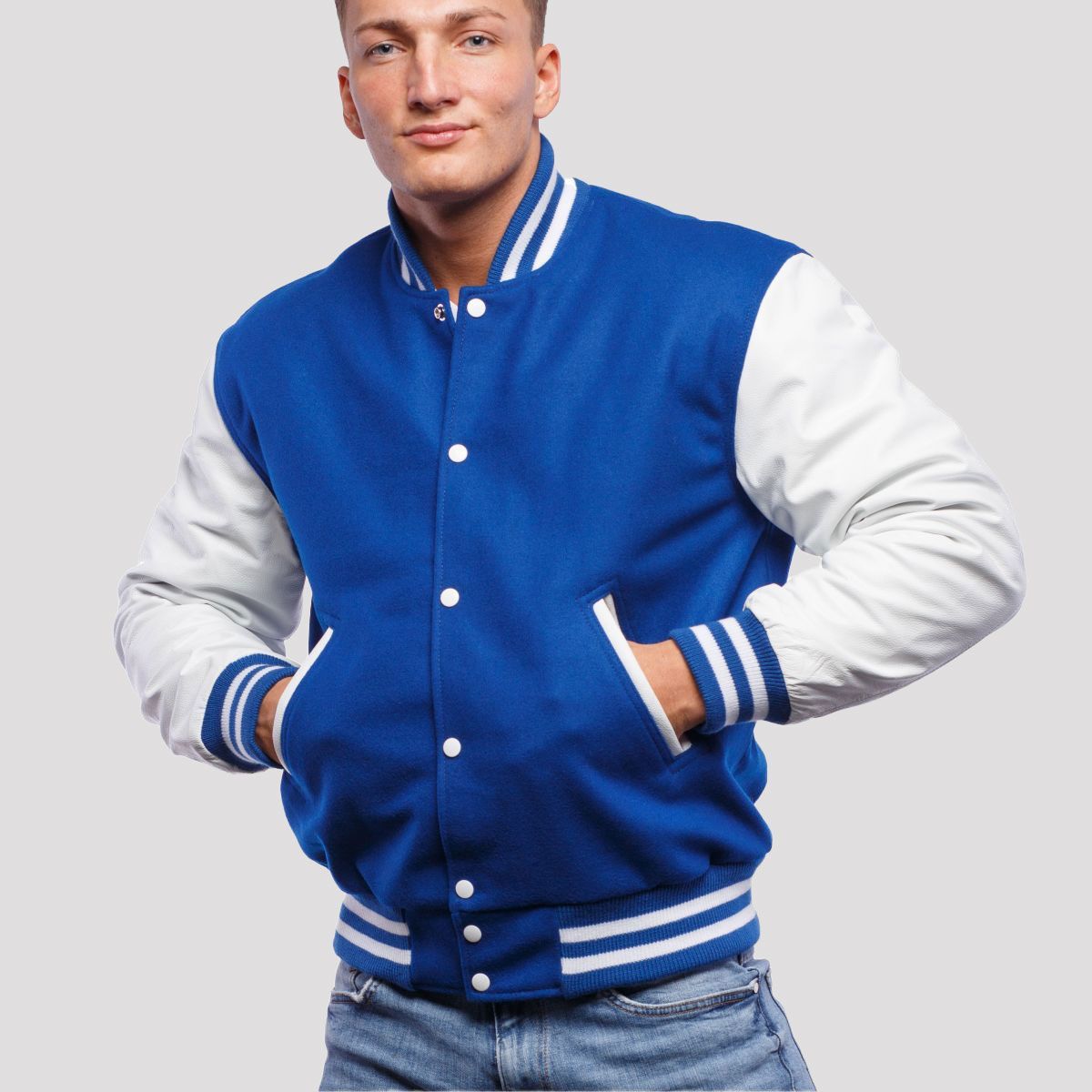 Varsity Base Men Jacket Bright Royal Wool Body And White Vinyl Sleeves Letterman Jacket