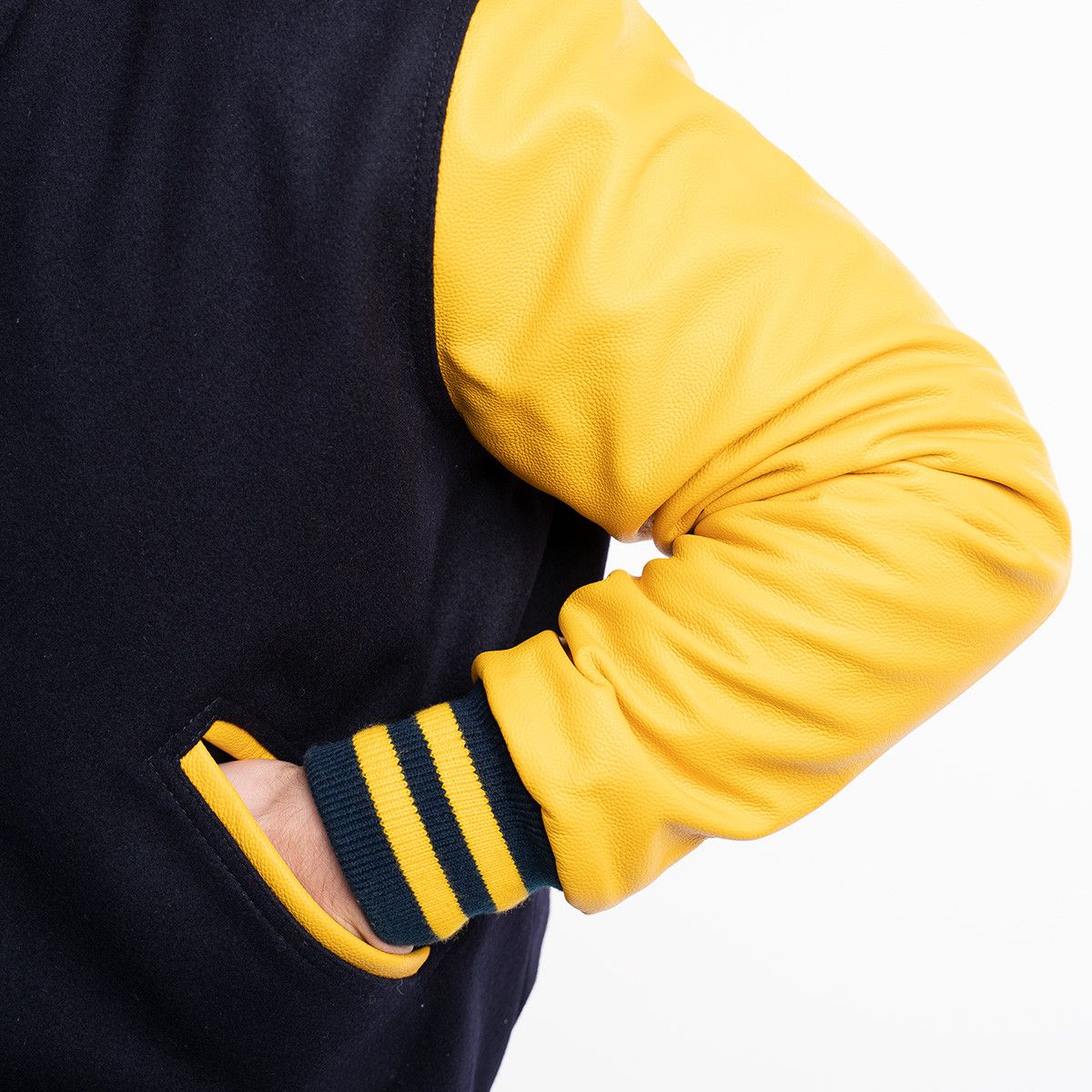 Leather Varsity Jacket with Black Body and Yellow Sleeves