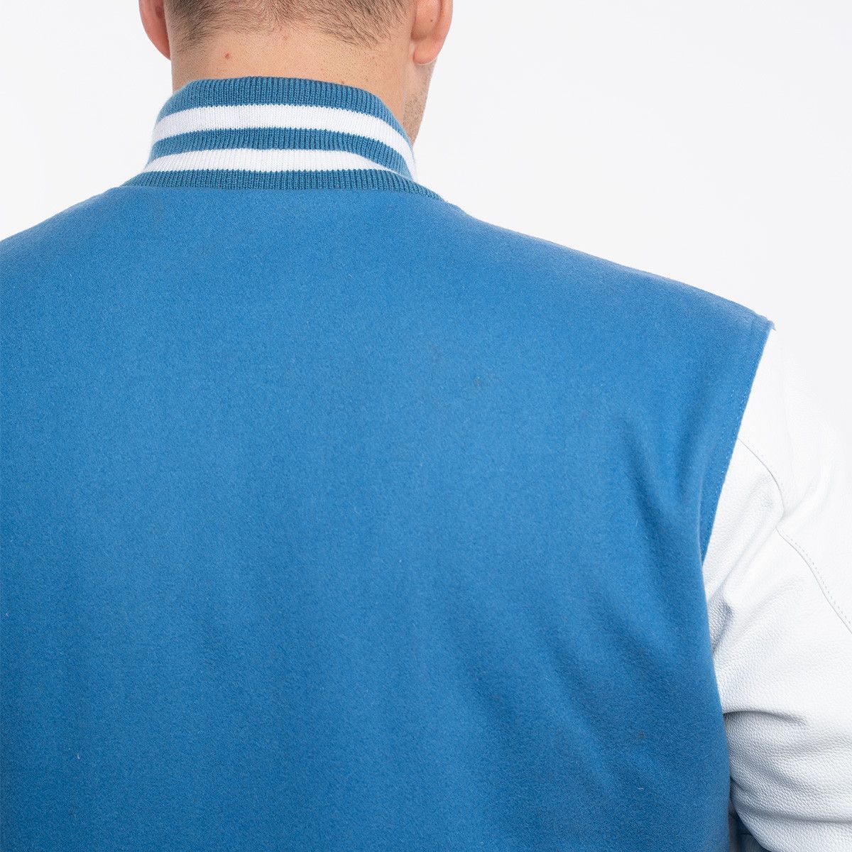 Sky Blue Wool Body and White Leather Sleeves Varsity Jacket