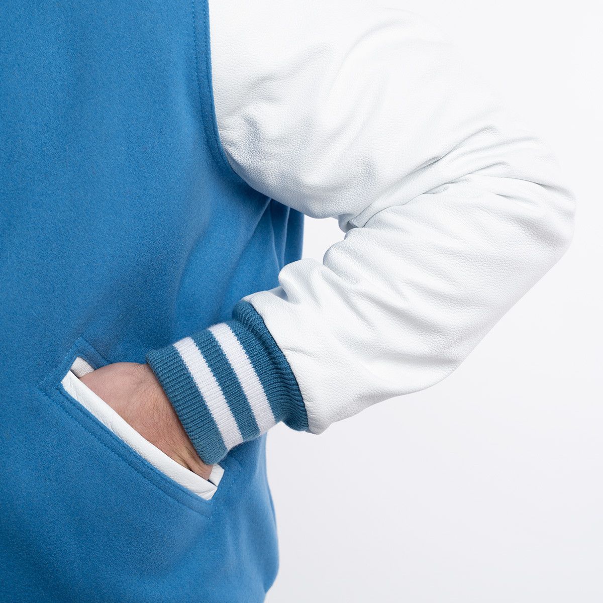 Navy Blue Wool Body & Bright White Leather Sleeves Letterman Jacket