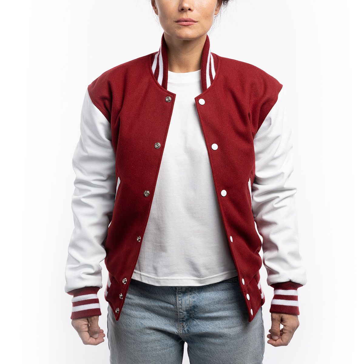 Women's Red Letterman Jacket with White Sleeves