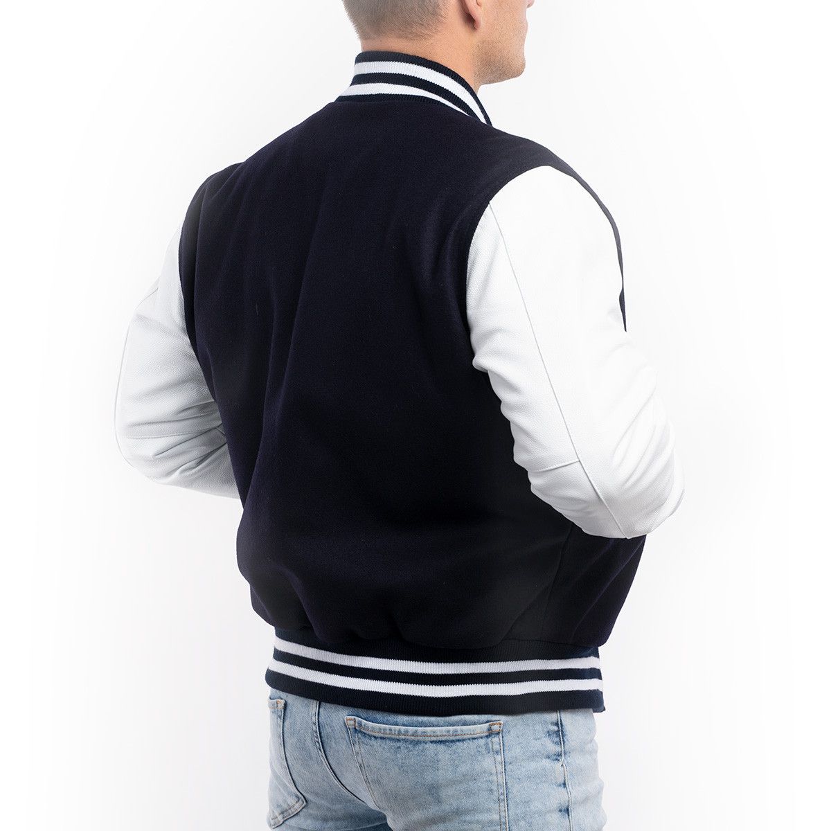 Navy Blue Faux Leather Sleeves White Wool Varsity Jacket