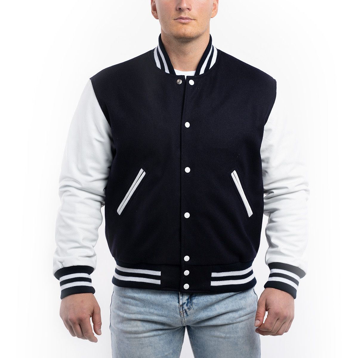 Navy Blue Wool Body & Bright White Leather Sleeves Letterman Jacket