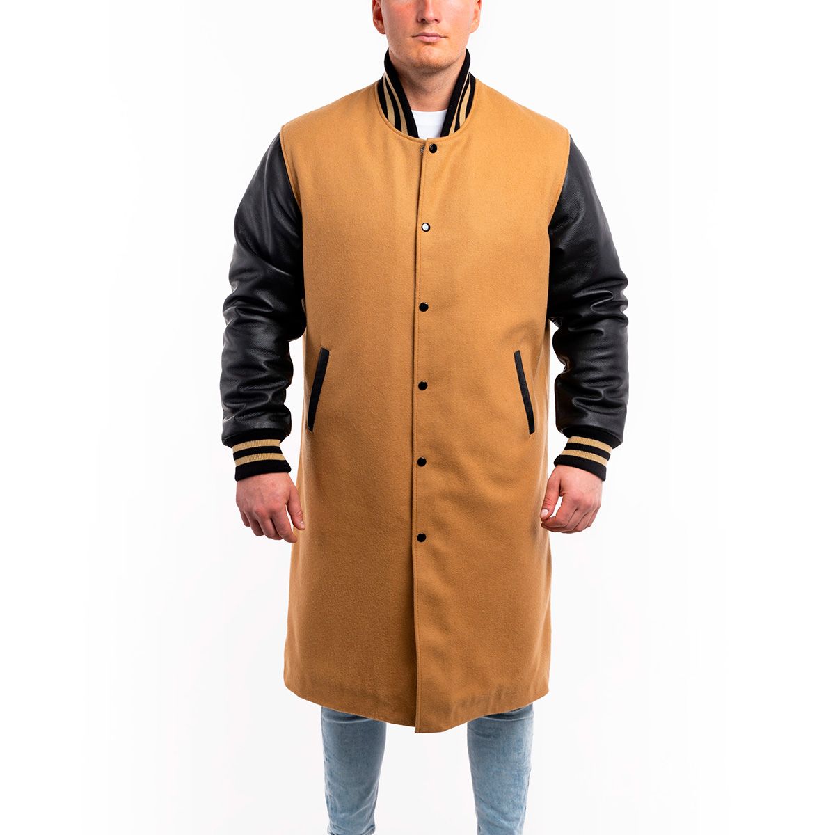 Leather sleeve hot sale wool coat