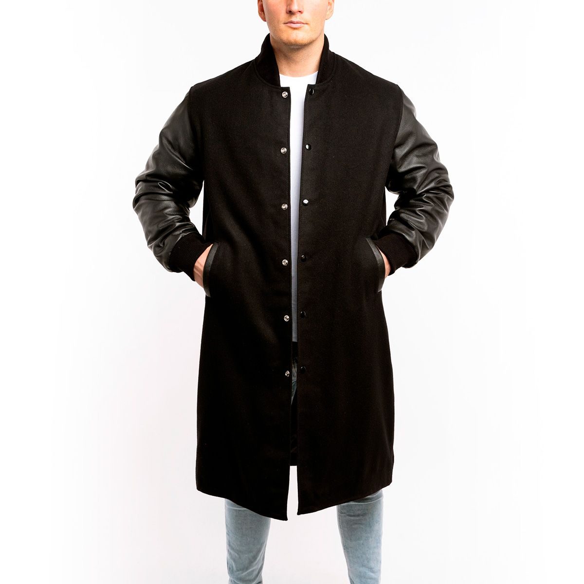 Varsity Base Man Coat Black Wool Body Black Leather Sleeves Letterman Coat