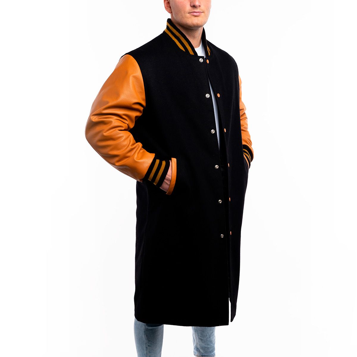 Black Wool Body & Bright Gold Leather Sleeves Letterman Jacket