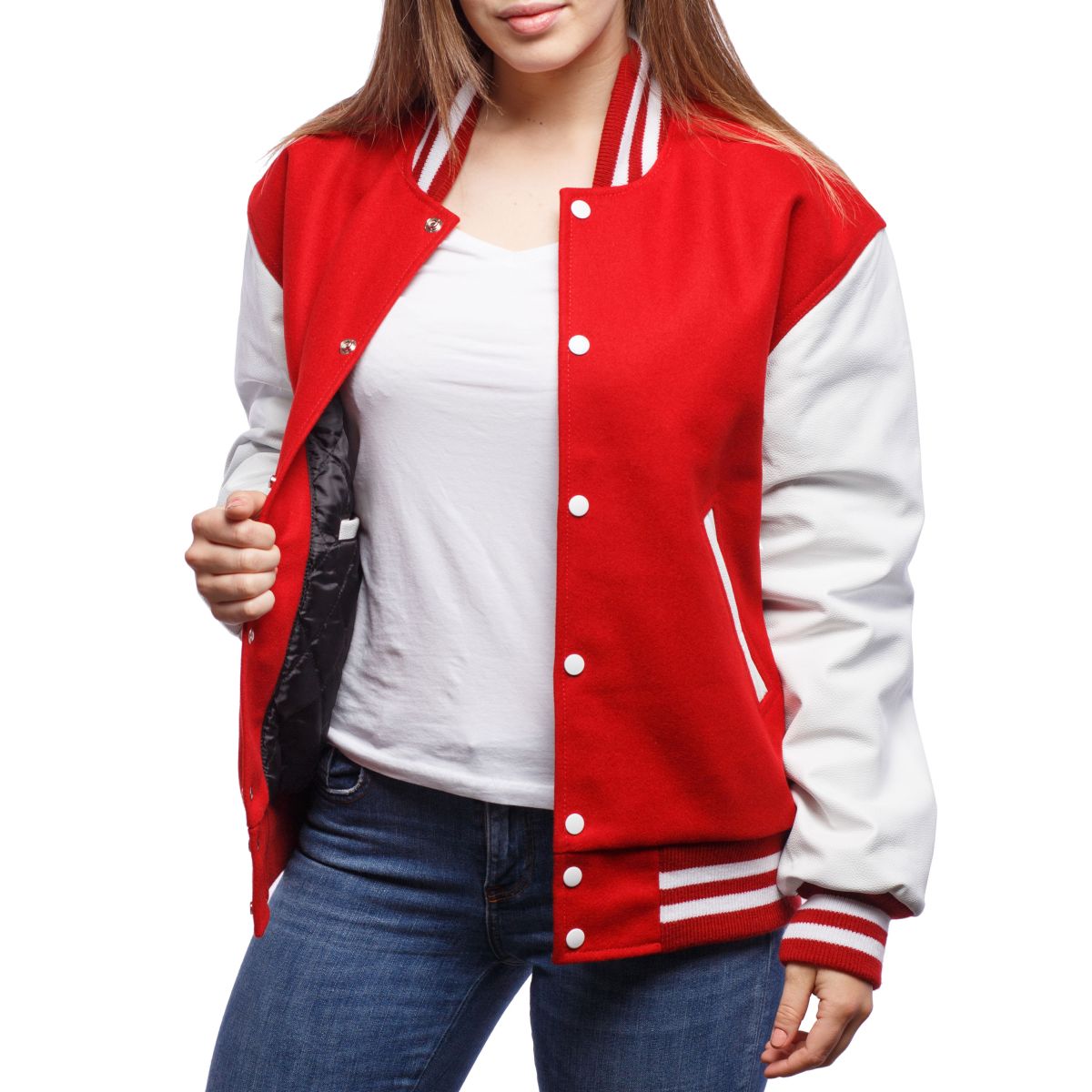 Varsity Base Women Jacket Scarlet Wool Body White Leather Sleeves ...