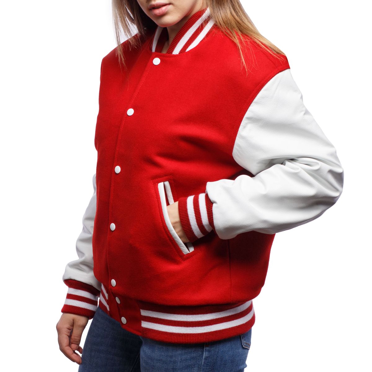 Women's Red Letterman Jacket with White Sleeves