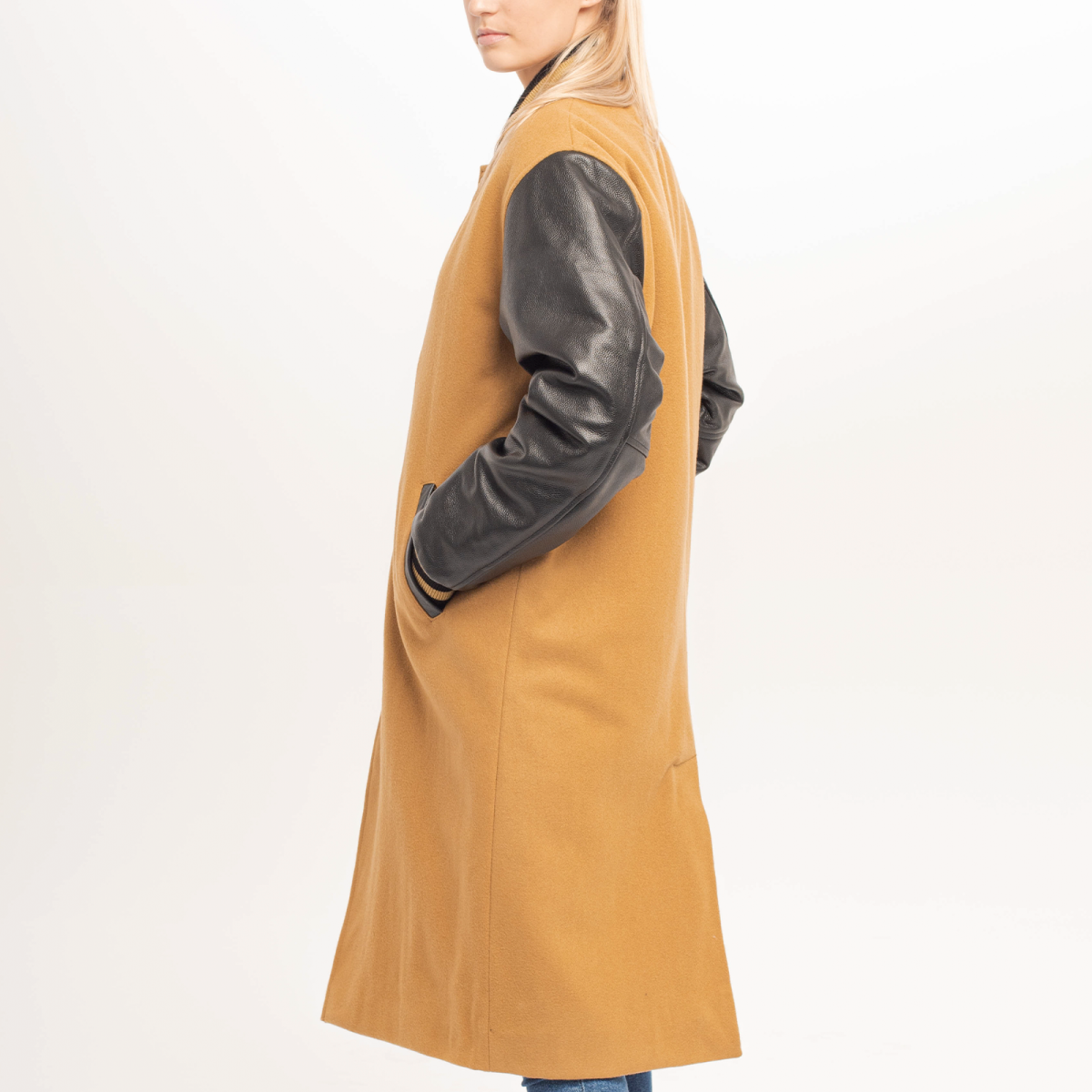 Camel Body Black Sleeve Letterman Coat