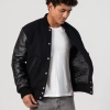 Black Wool & Genuine Leather Varsity Letterman Jacket