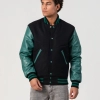 Black Melton Wool Body & Teal Leather Sleeves Letterman Jacket