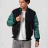 Black Melton Wool Body & Teal Leather Sleeves Letterman Jacket