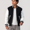 Black Wool Body & White Leather Sleeves Letterman Jacket With Zipper